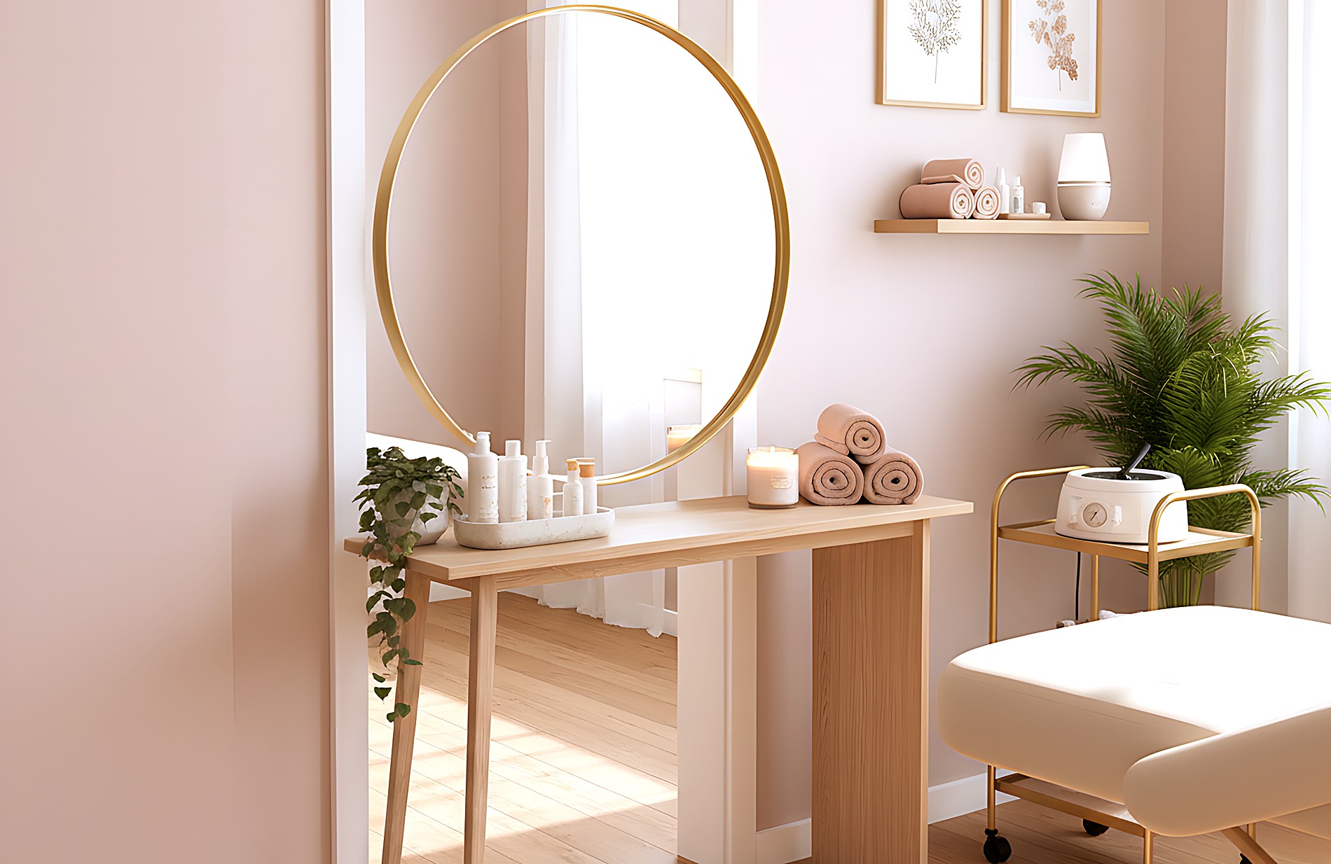 A cream-and-blush waxing treatment room with a round mirror