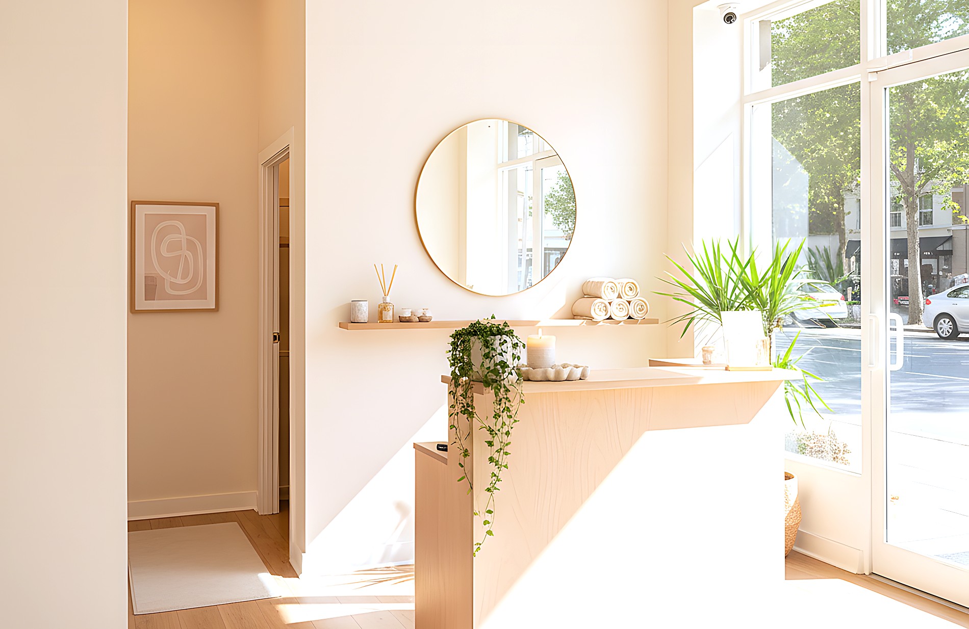 A sunlit cream-and-blush studio reception area