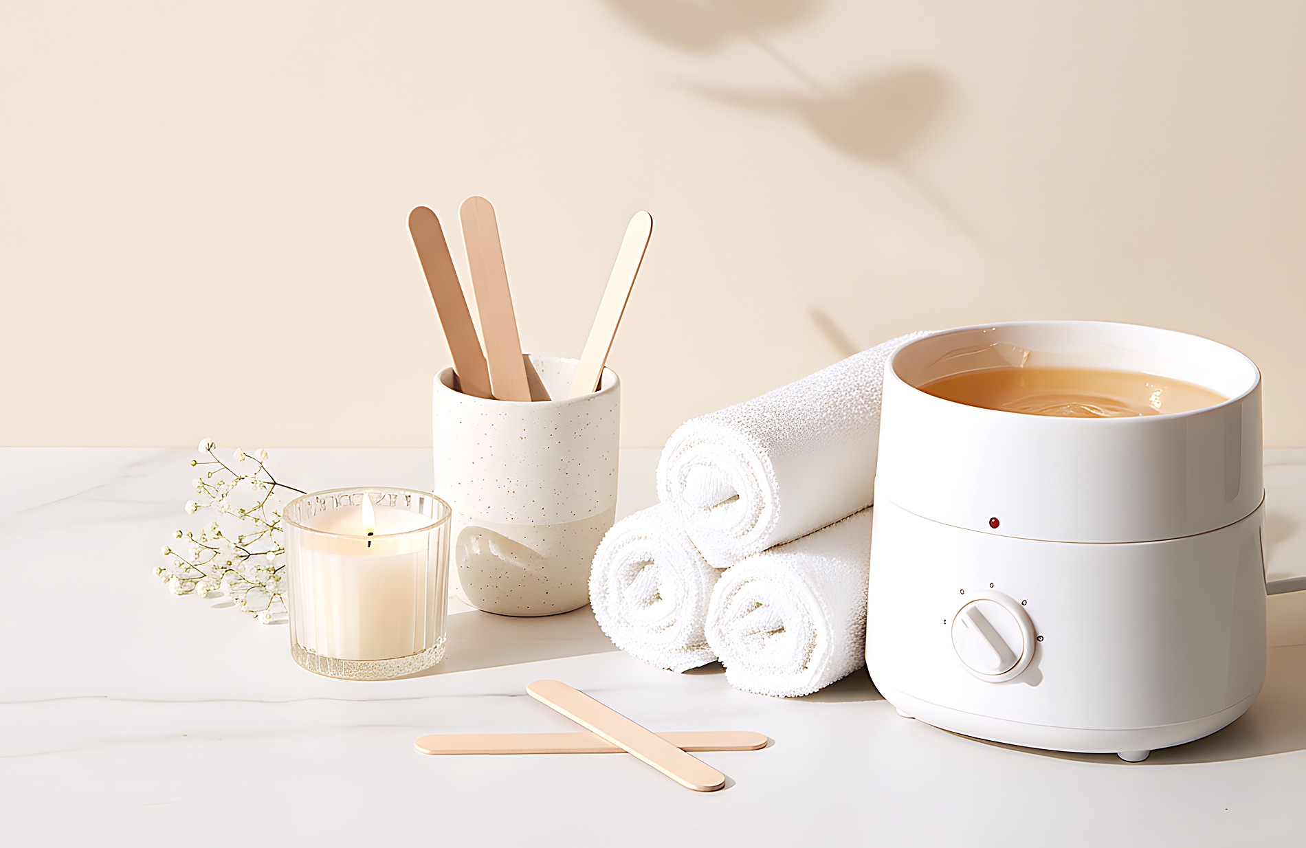 Rolled spa towels, a lit candle, wax warmer and eucalyptus on marble