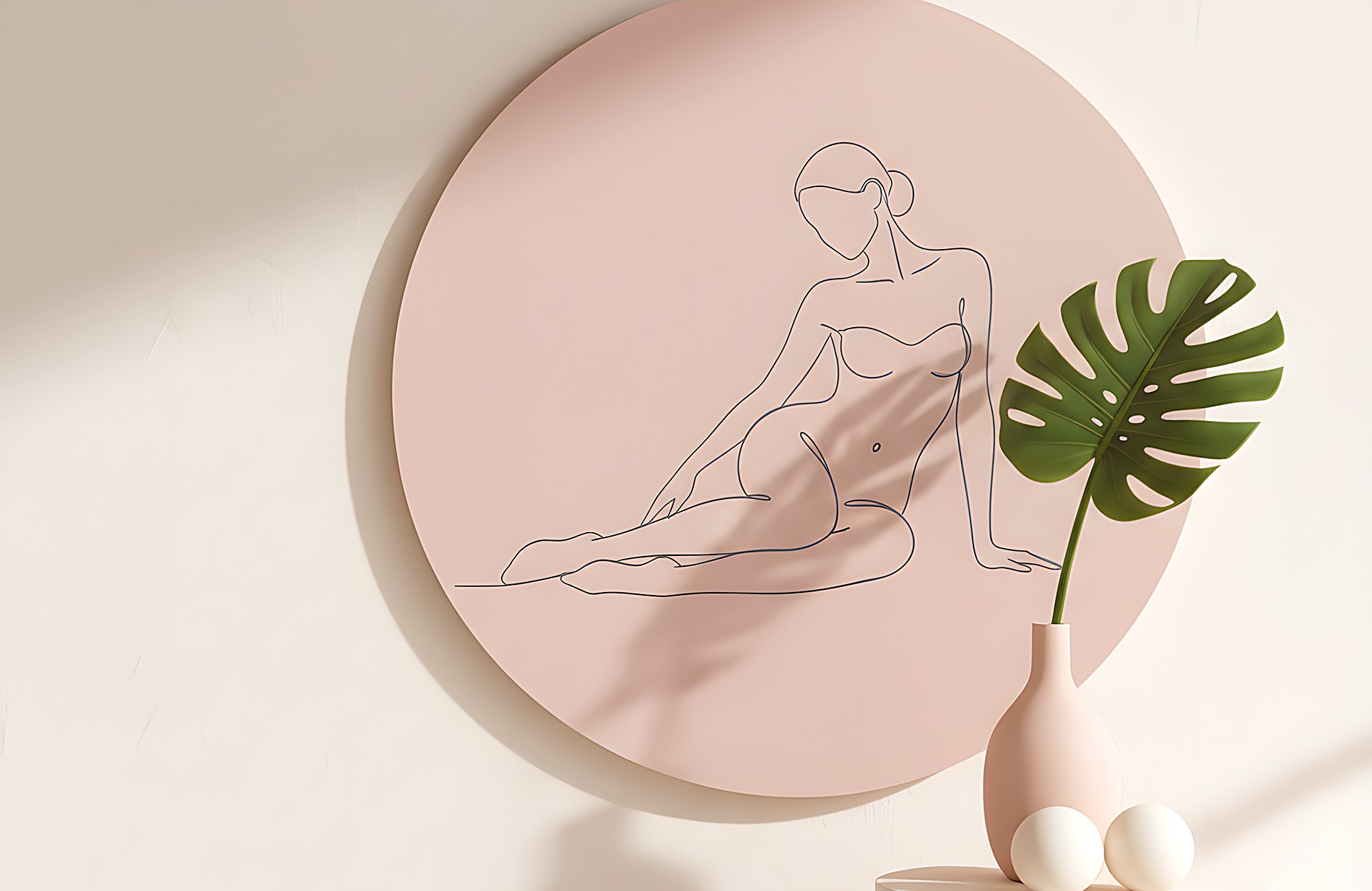 A welcoming studio lounge — cream loveseat with blush pillows, plant and botanical art